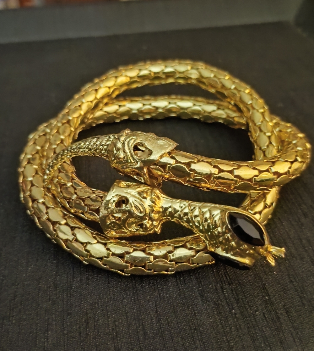 Vintage Gold Serpent Bracelet with Black Stone